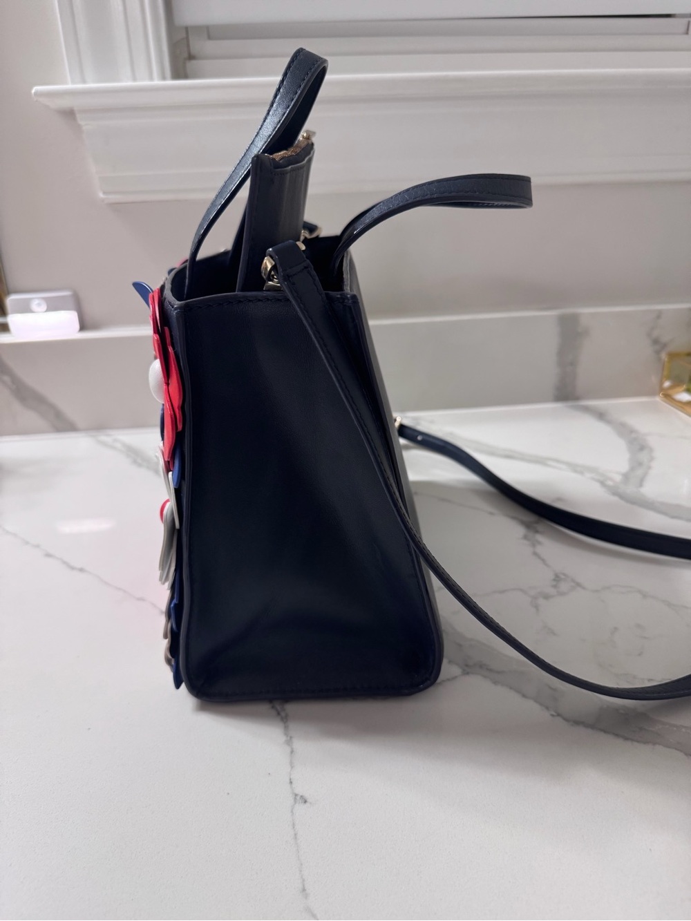 kate spade navy tote with pink, blue, white and taupe floral appliqués - Picture 4 of 6